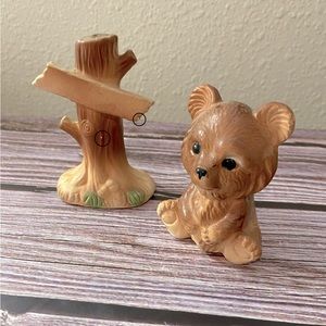 Adorable Vintage Bear & Tree Stump Salt & Pepper set marked Japan